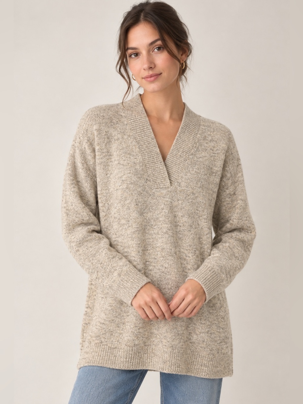 Deep V-Neck Sweater Beige